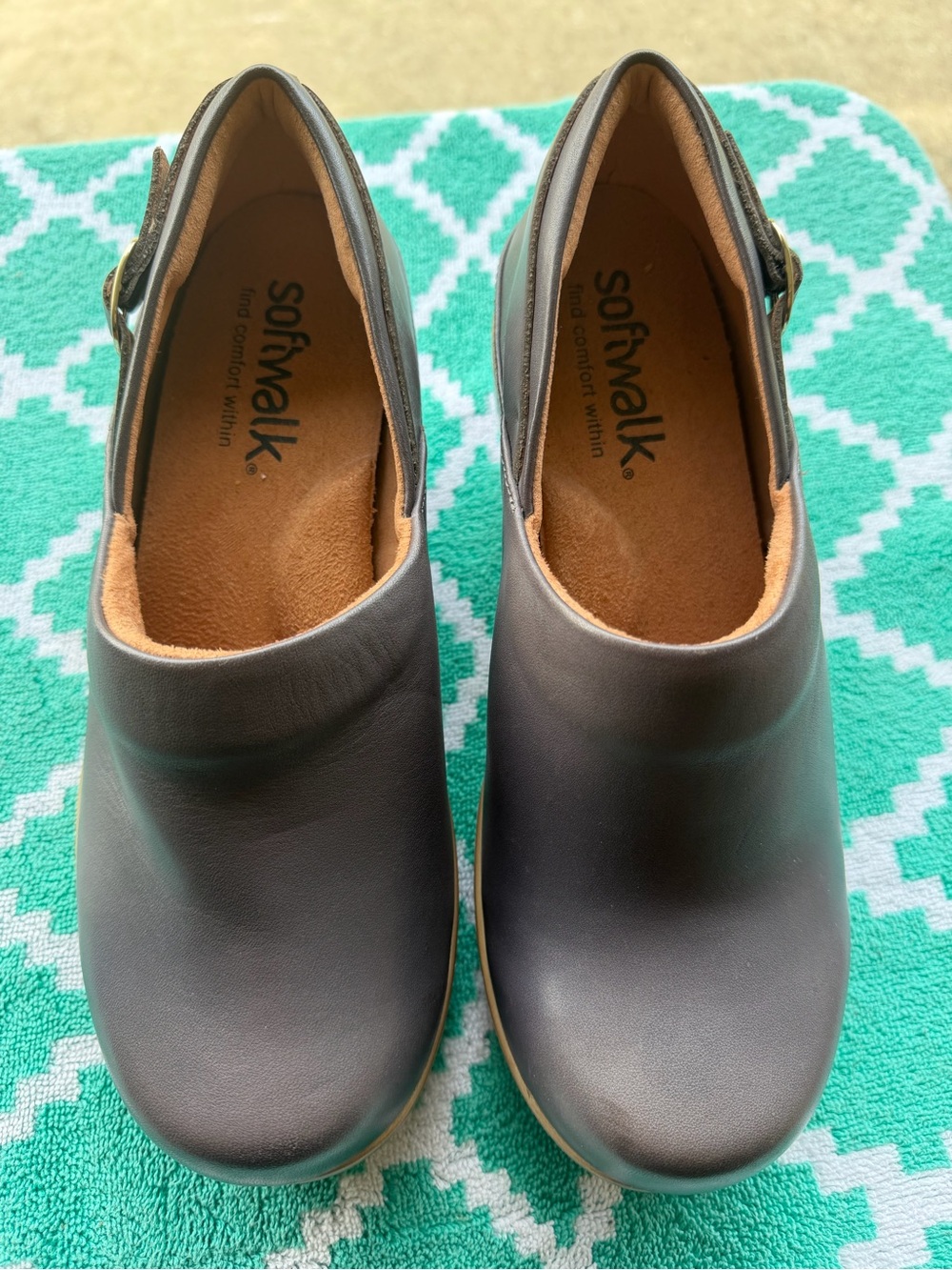 SoftWalk Gray / Brown Leather Slingback Clogs
